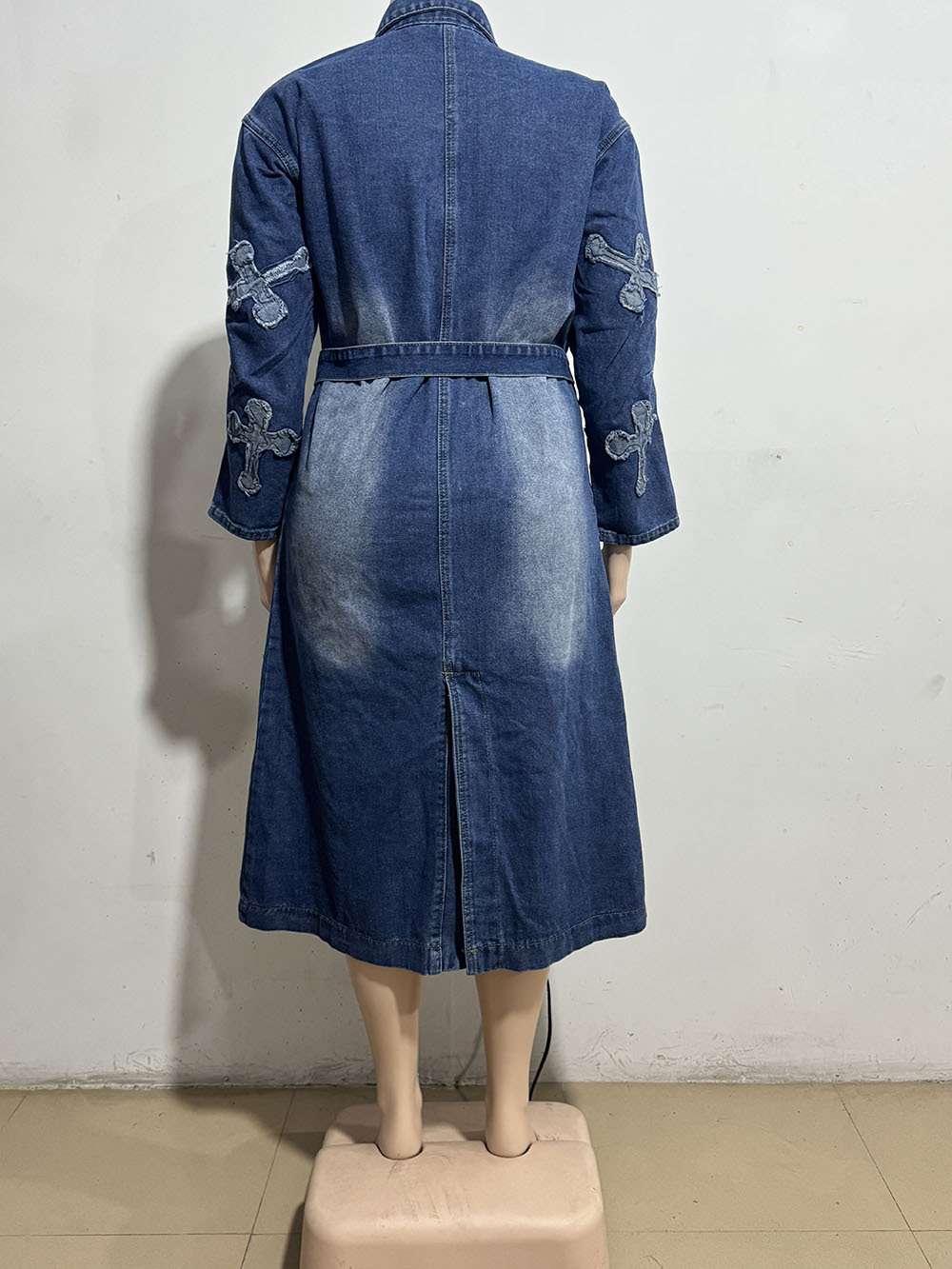 Embroidery Denim Long Coat Belted Outerwear image 3