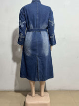 Embroidery Denim Long Coat Belted Outerwear image 3