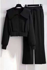 Casual Zipper Sweatshirt & Loose-Fit Pants Tracksuit Set - L, Black image