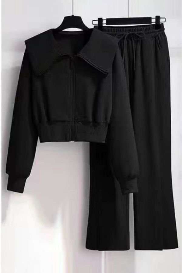 Casual Zipper Sweatshirt & Loose-Fit Pants Tracksuit Set - L, Black image