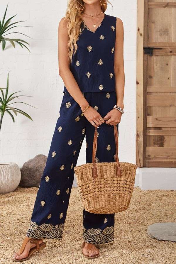 Sleeveless Top and Wide-Leg Pants Set - L, Dark Blue image
