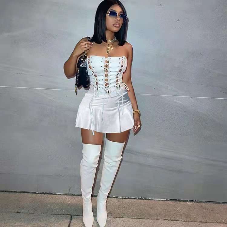 Strapless Lace-Up Corset Mini Dress - L, White image