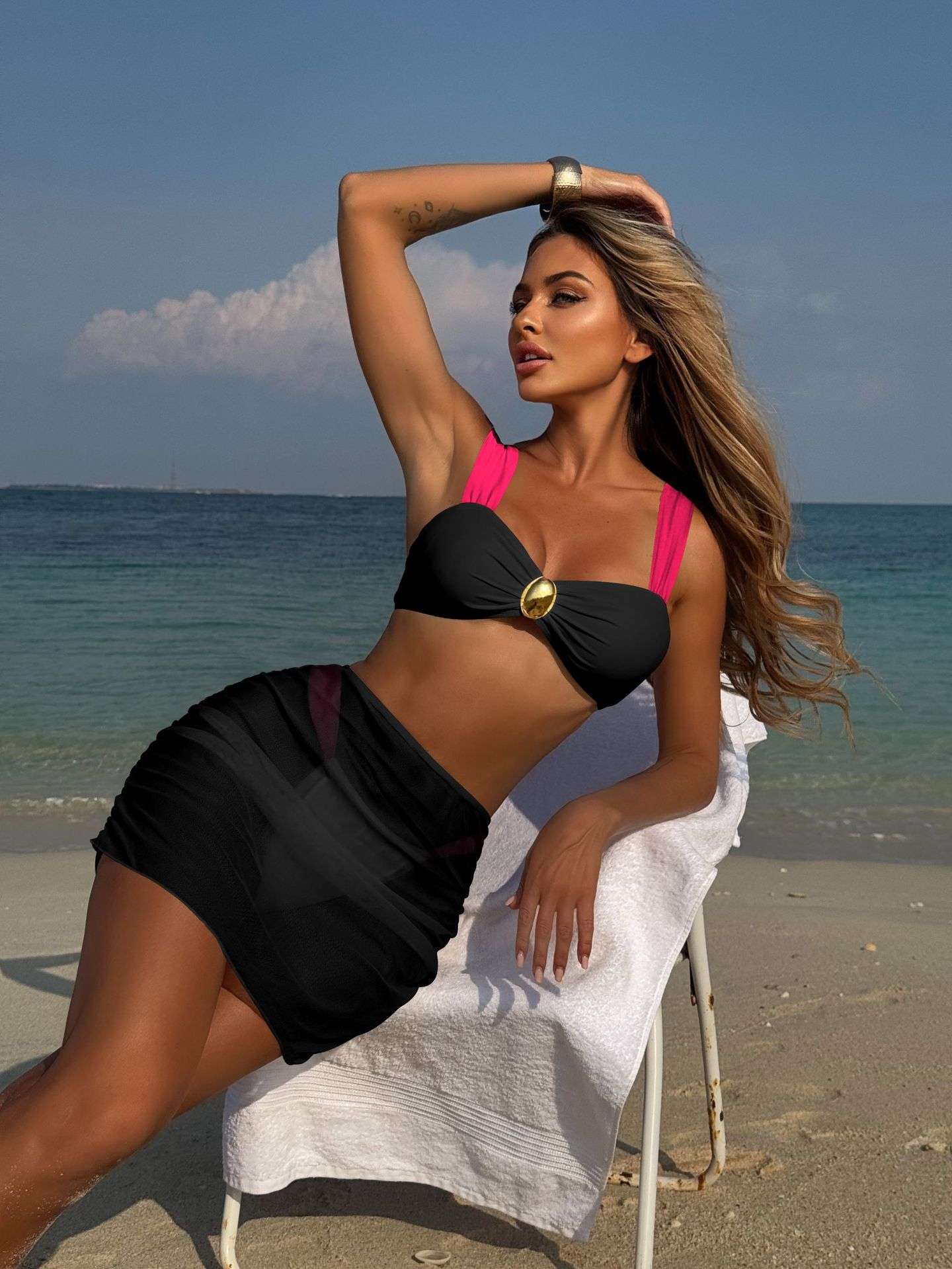 Elegant Two-Tone Bikini with Sheer Sarong - L, Black image