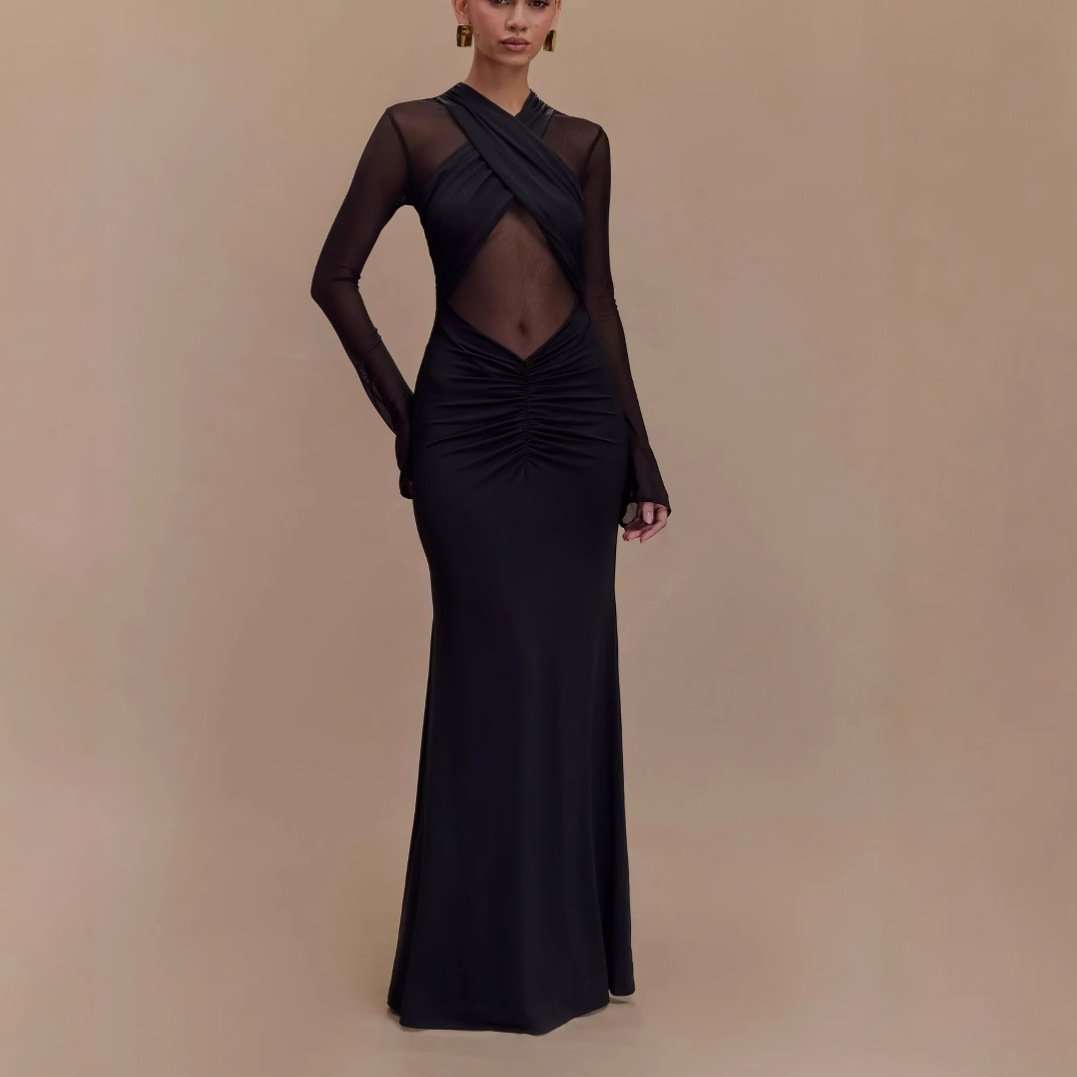 Sheer Back Long-Sleeve Maxi Dress - M, Black image