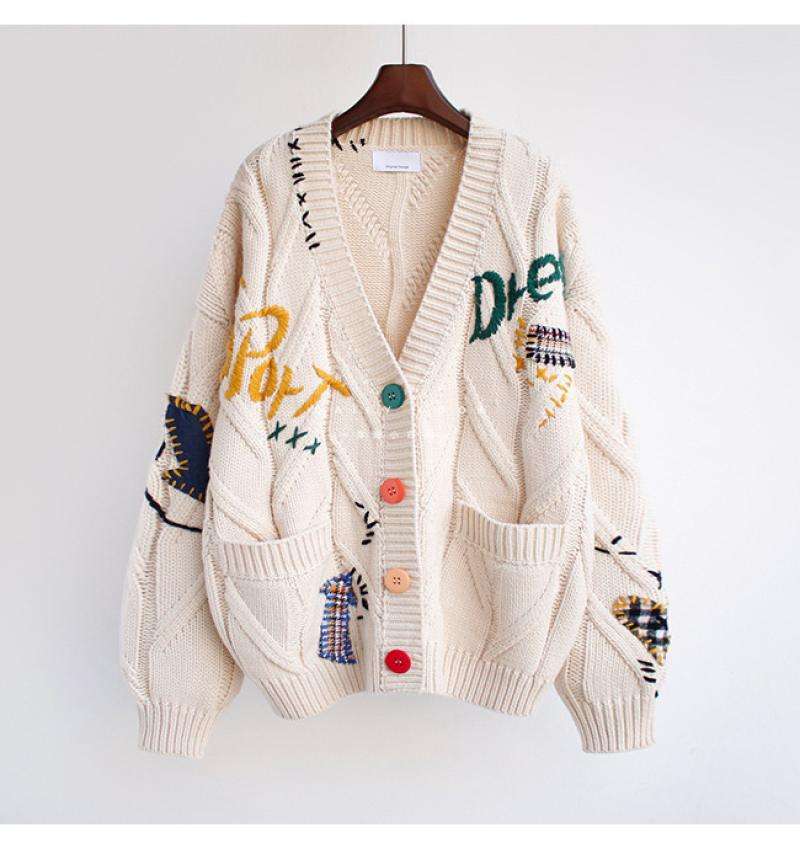 Colrdul Patch Knit Cardigan Jacket - Free Size, Beige image