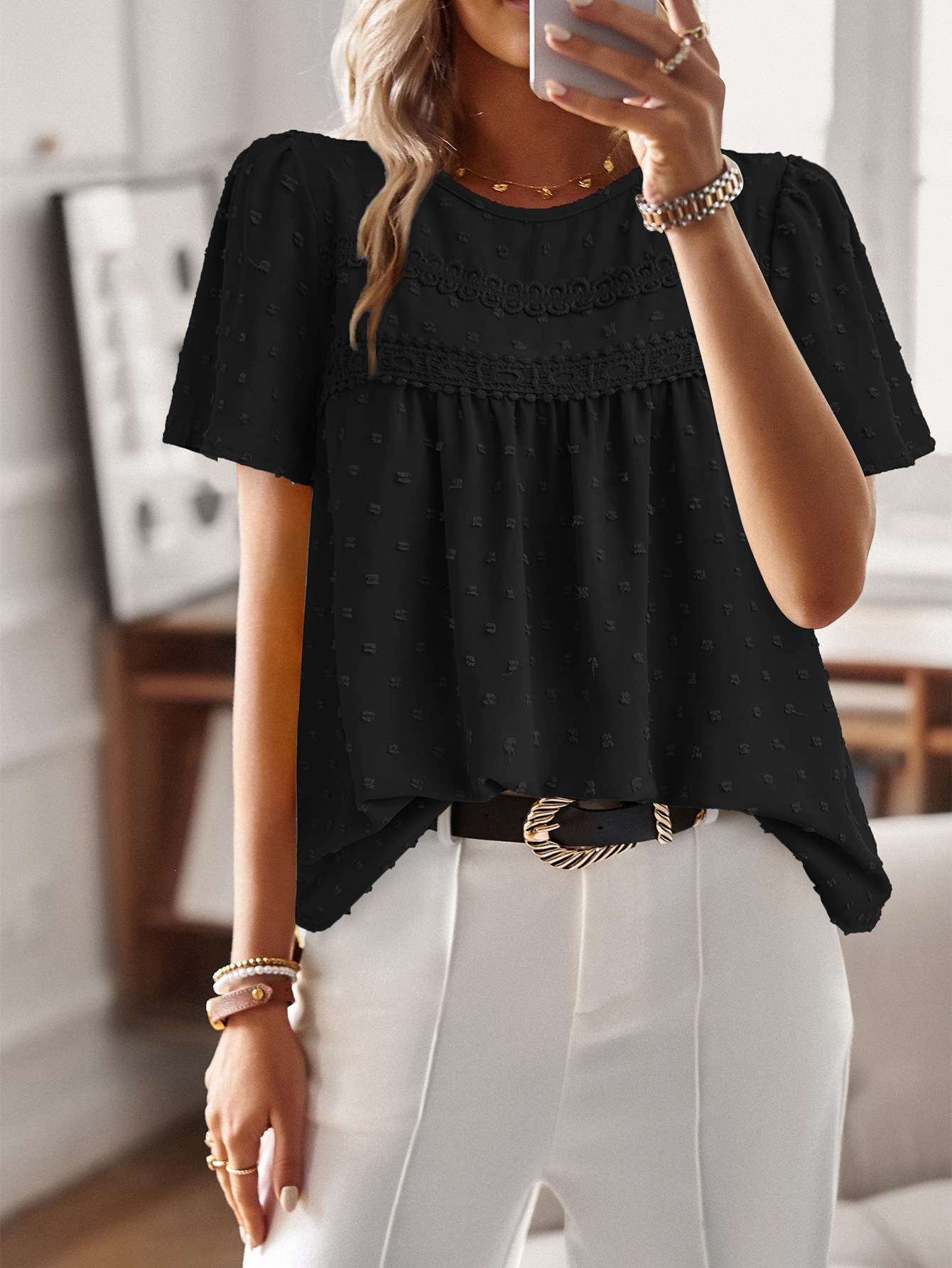 Embroidered Short Sleeve Blouse - L, Black image