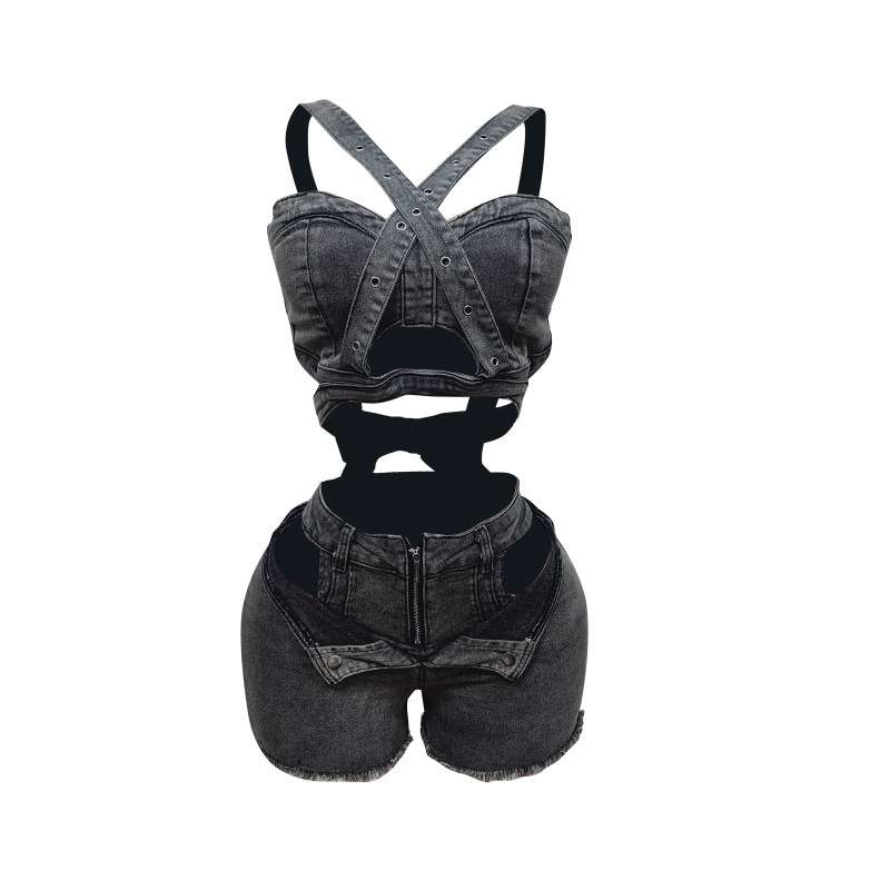 Cut-Out Two-Piece Outfit with Harness Detailing - L, Dark Black image