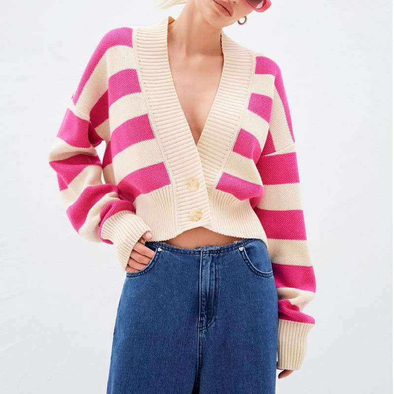 Striped Boxy Crop Cardigan - L, Multi Rose image