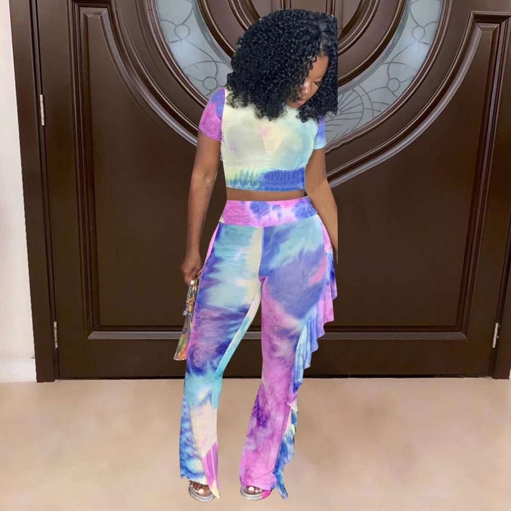 Vibrant Tie-Dye Ruffle Two-Piece Set - L, Multi Purple image