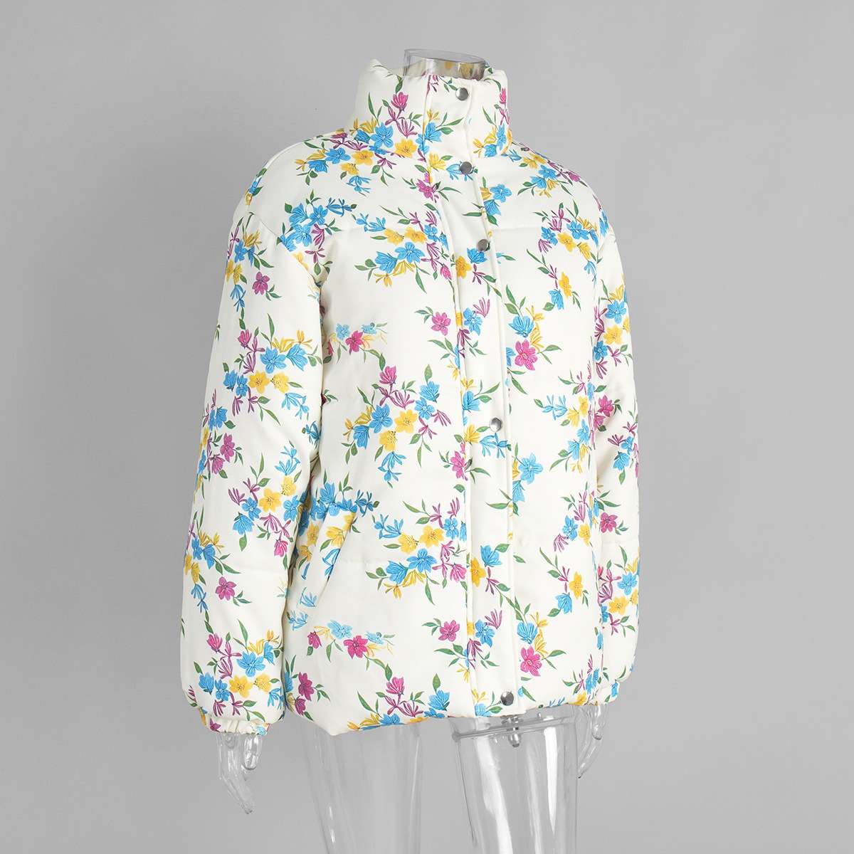 Floral Pattern Puffer Jacket with High Collar image 7