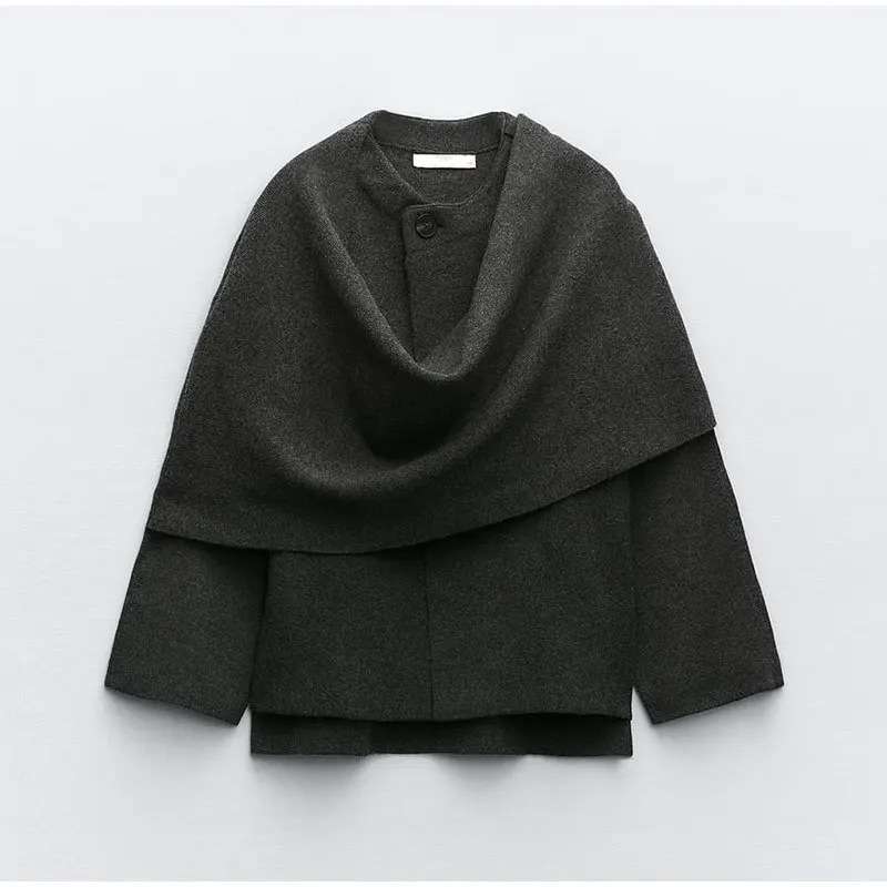 Single-button Short Coat With Asymmetrical Knitted Scarf image 6