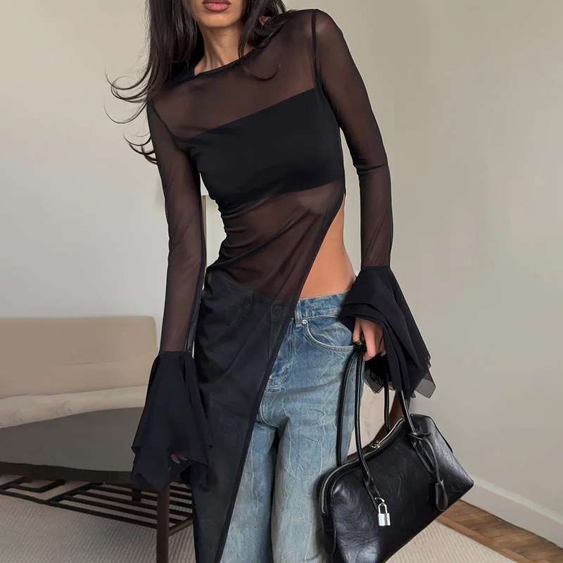 Sheer Mesh Long-Sleeve Top with Flared Cuffs - S, Black image
