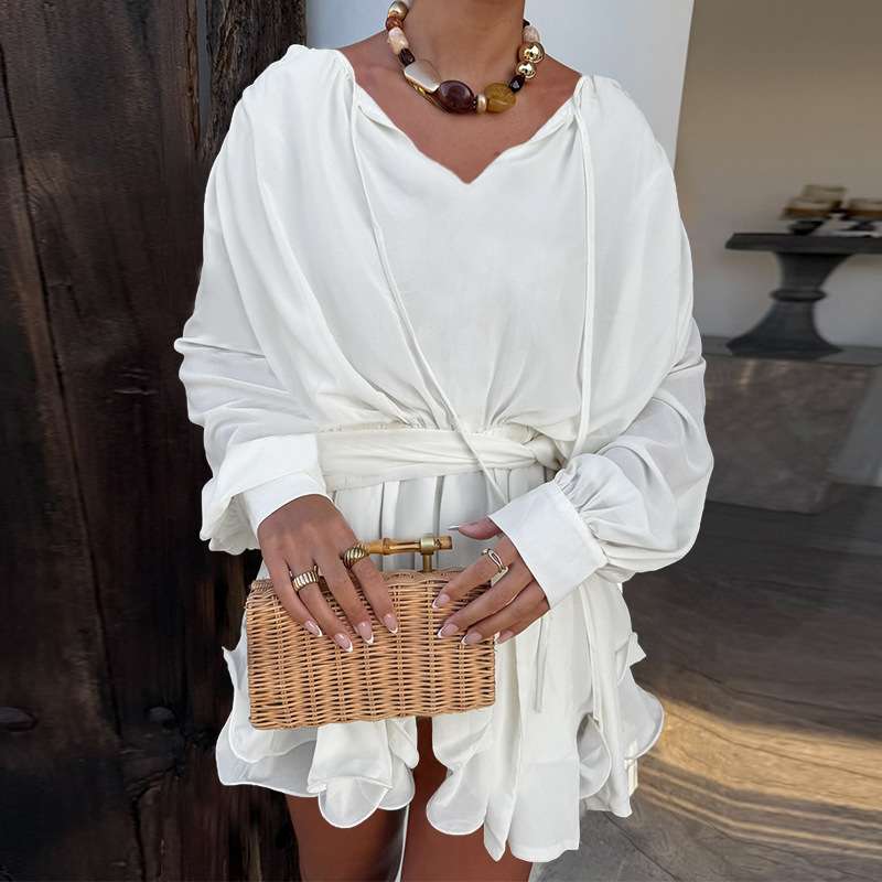 Tie-Waist Dress with Ruffled Hem - M, White image