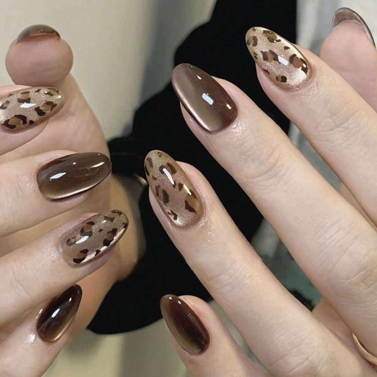 Leopard and Metallic Brown Nail Art - Free Size, Brown image