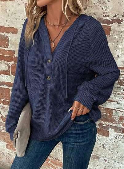 V-neck Long Sleeve Casual Hoodie Pullover - L, Dark Blue image