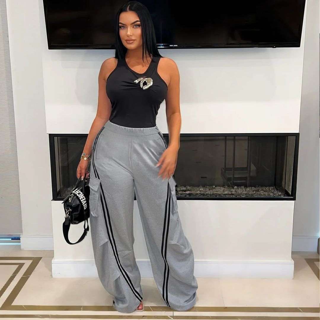 Wide leg straight casual striped pants image 0