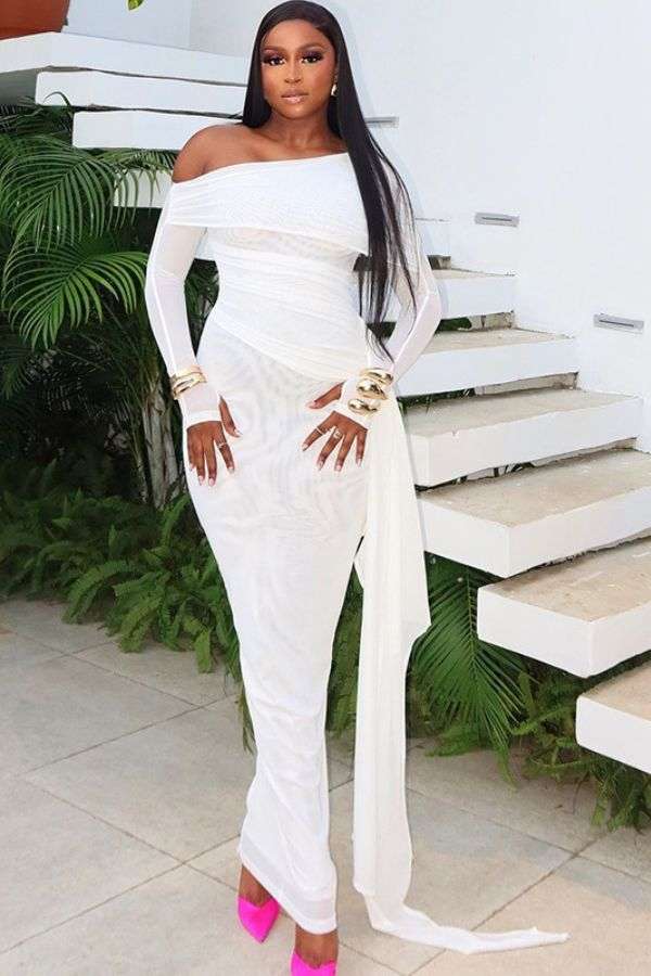 Off shoulder Mesh Dress - S, White image