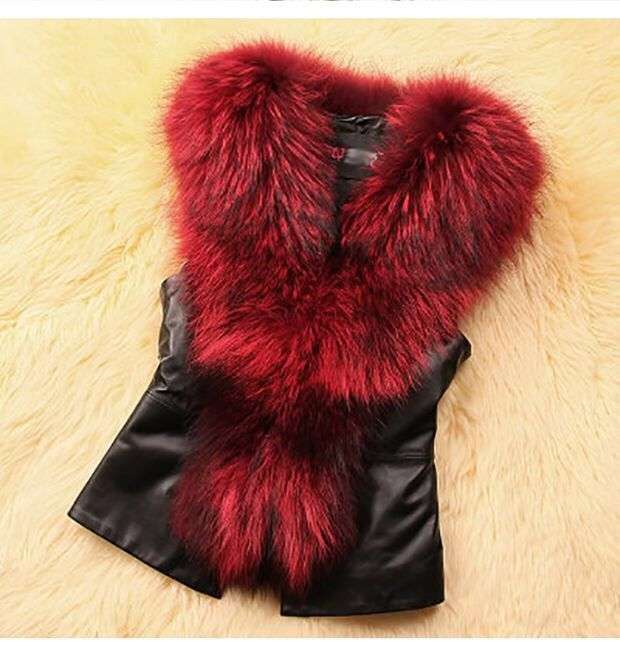 Fur Collar Sleeveless Vest Coat - L, Red image