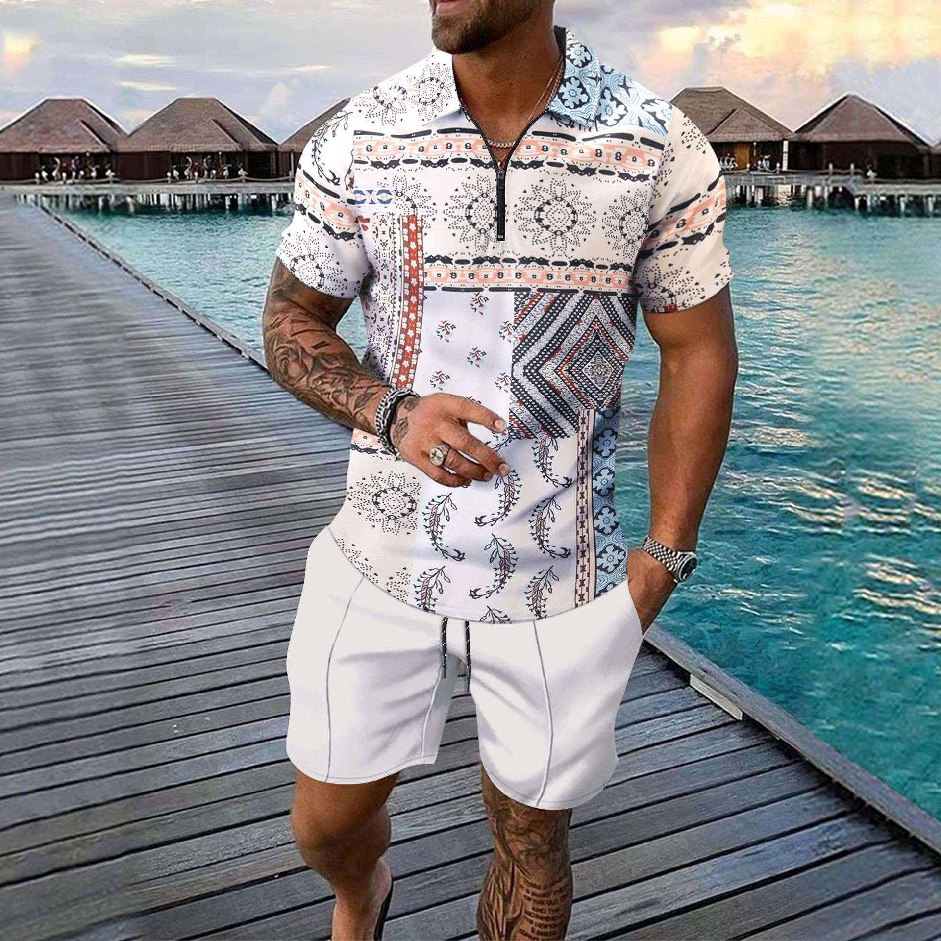 Casual Short-Sleeve Shirt and Shorts Set - M, White image