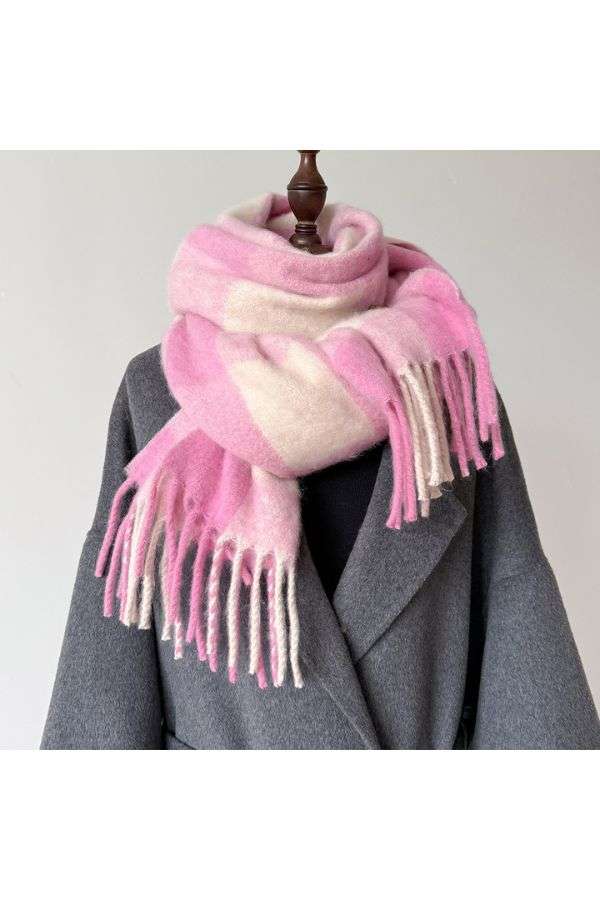 Women Checked Muffler With Fringes - Free Size, Multi Pink image
