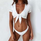 Sexy V Neck Short Sleeve Front Knot Tie Swimsuit - S, White image