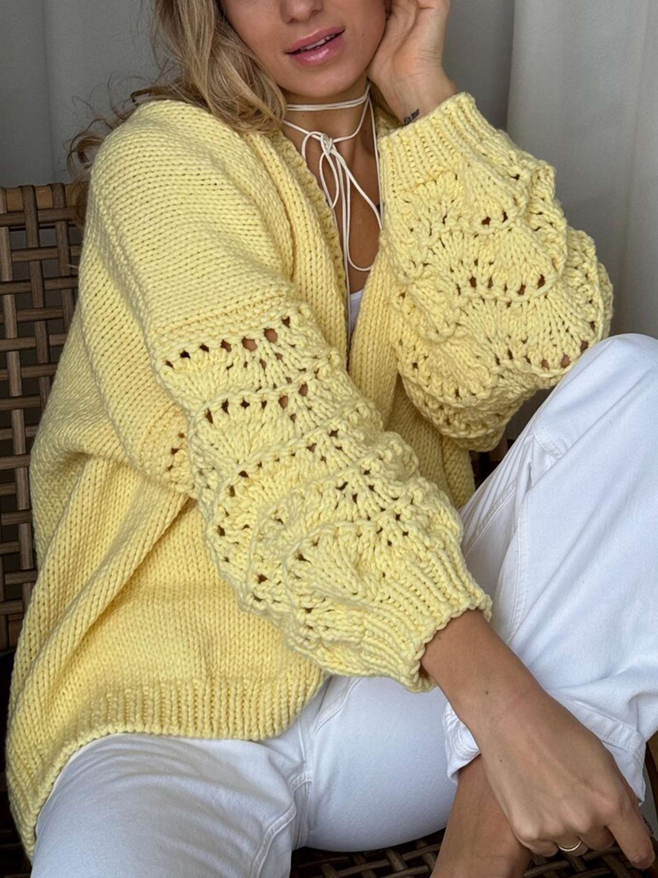 Yellow Crochet Sleeve Knit Cardigan Jacket image 4