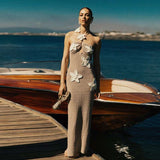 Crochet Halter Backless Maxi Dresses - S, Oat Beige image