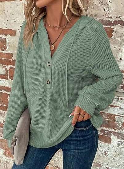 V-neck Long Sleeve Casual Hoodie Pullover - L, Mint Green image