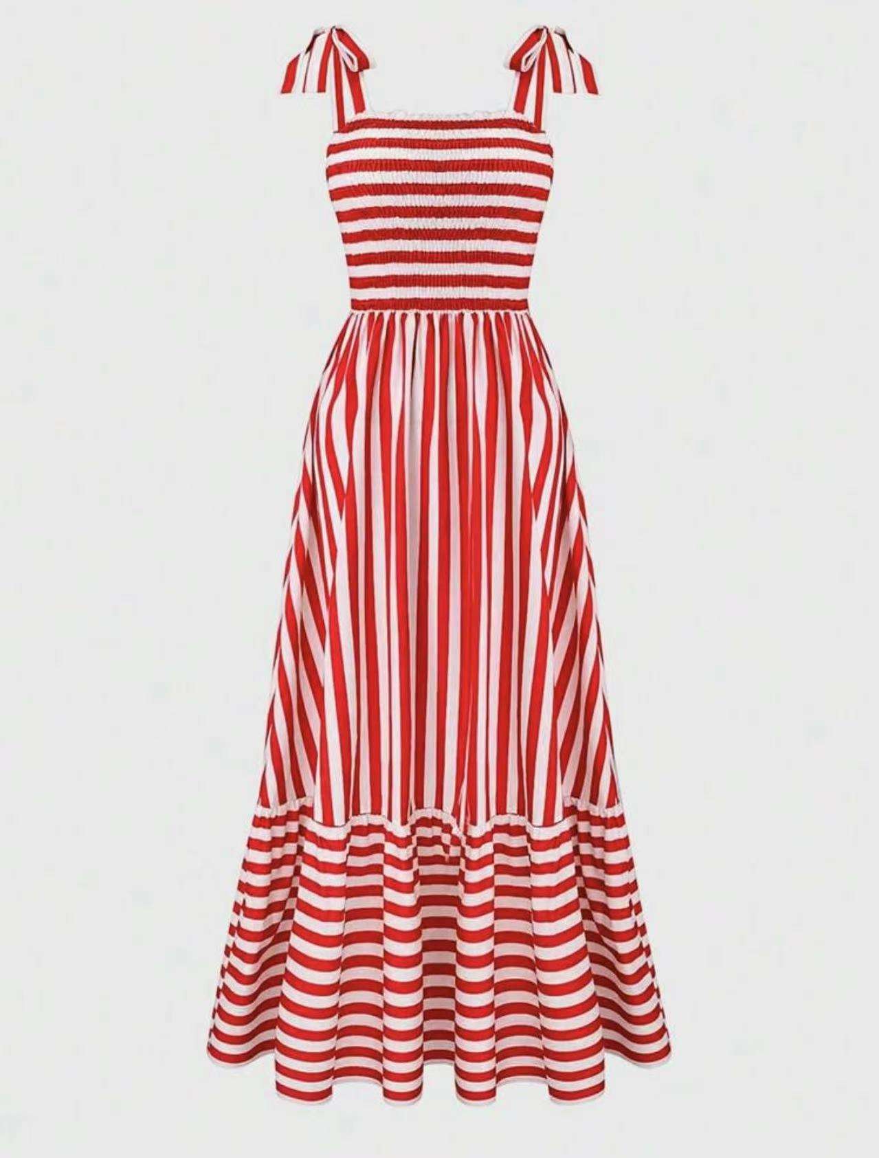 Striped Tie-Shoulder Maxi Dress - S, Red image