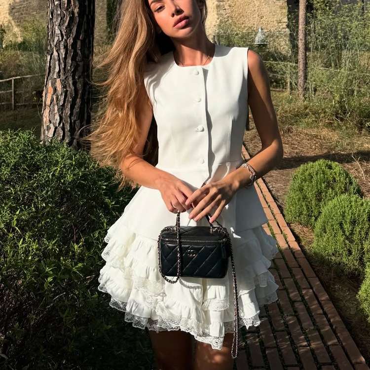 Sleeveless Peplum Blazer Top and Ruffled Mini Skirt Set - M, Off White image