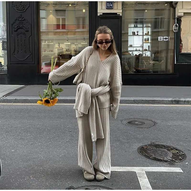 Chic Scarf Collar V-neck Knitted Sweater Suits - M, Seedpearl Beige image
