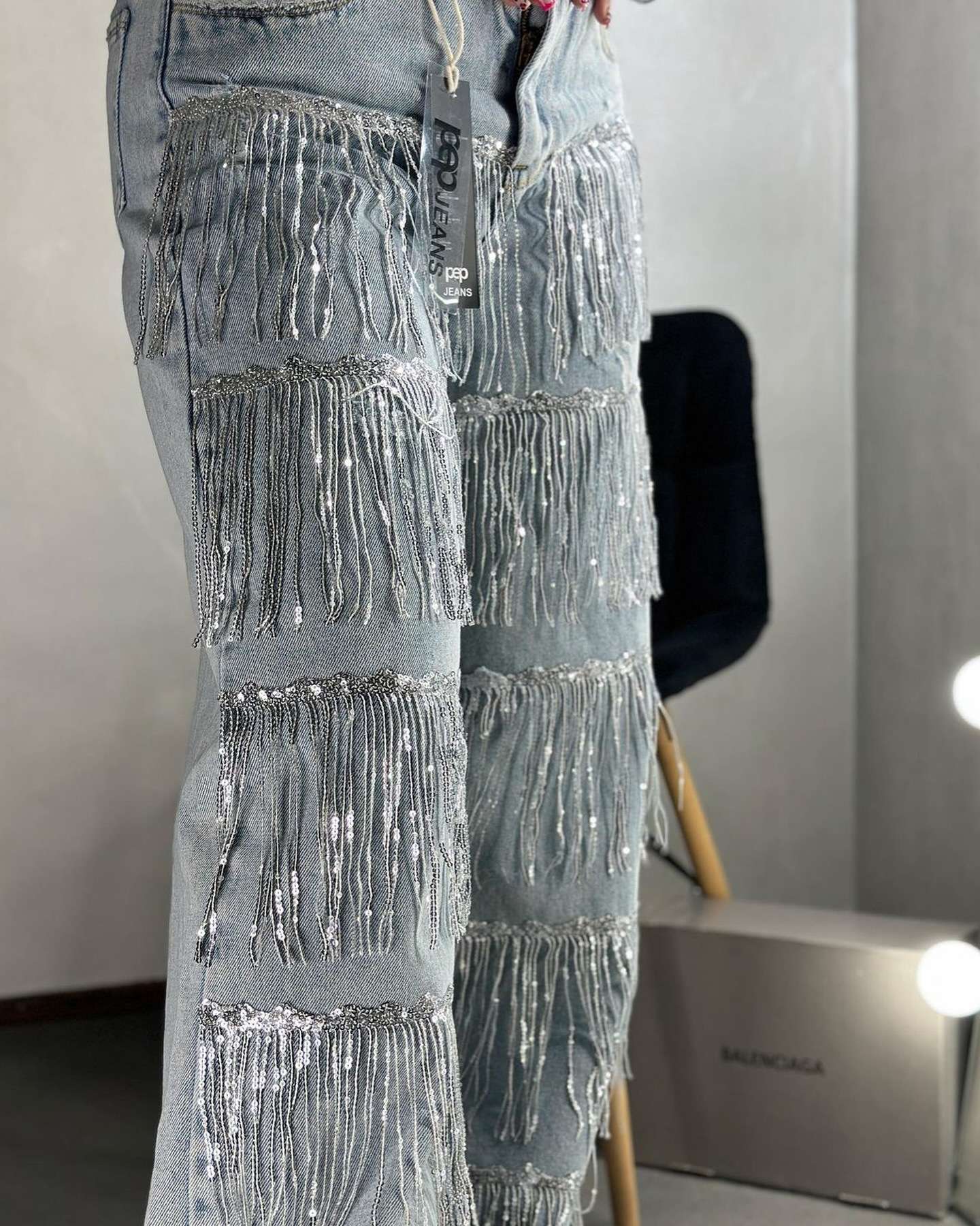 Sequin Fringed Straight-Leg Jeans - L, Blue image