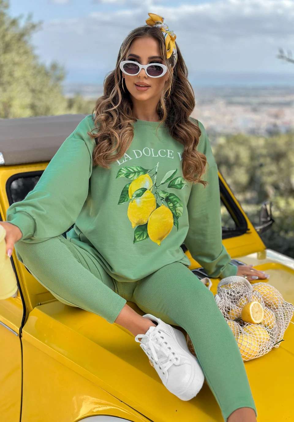 Lemon Print Sweatshirt and Leggings Set - S, Green image