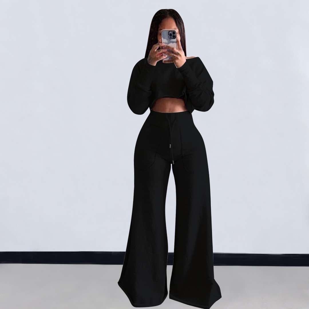 Crop Sweatshirt Wide Leg Pants Set - M, Black image