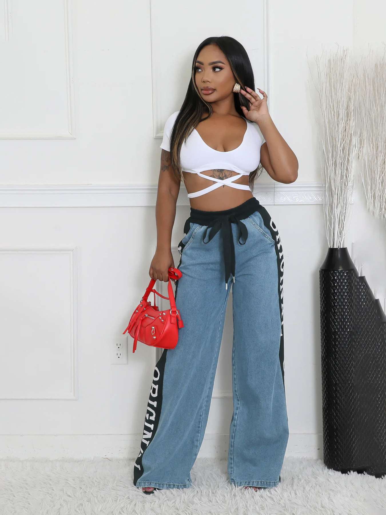 Casual Patchwork Strap Design Straight Pants - M, Light Blue image