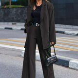 Long Sleeve Suit Top Casual Straight Pant Suit - M, Black image