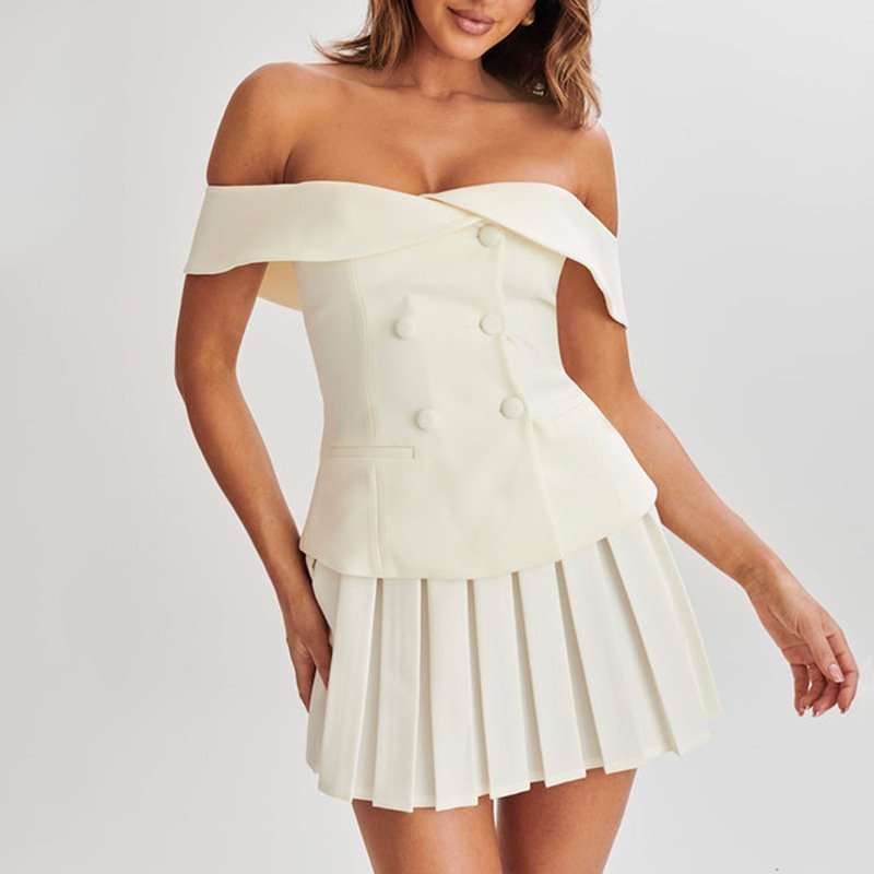 Off-Shoulder Blazer & Mini Skirt Set - M, White image