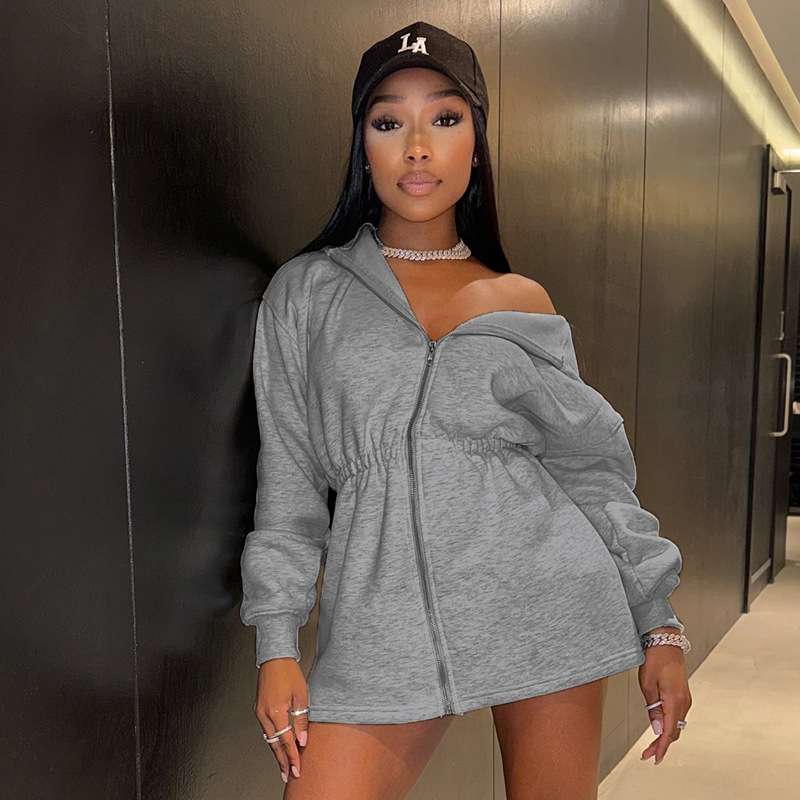 Casual Zipper Hooded Mini Dress - M, Grey image