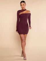 Asymmetrical Neck Ruched Dress - M, Merlot Red image