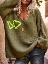 Cozy Knit Sweater with Neon Heart Embroidery - M, Green image