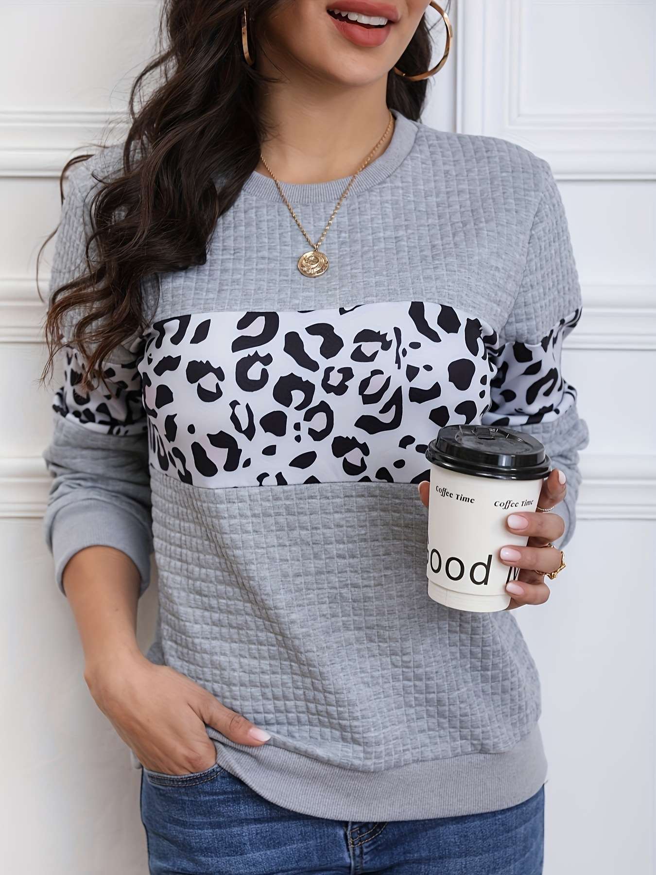 Color Block Leopard Print Sweatshirt - L, Grey image