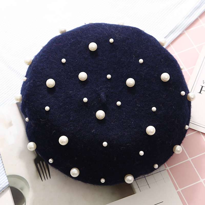 Embellishment Beaded Studs Crochet Cashmere Beret Cap - Free Size, Midnight Blue image
