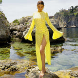 Long-Sleeve Maxi Dress with Flared Sleeves - S, Yellow image