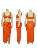 Women's Sexy 2 Piece Outfits Dress Sets Solid Color Camisole Bra Crop Top Pleated High Split Maxi Skirt image 4