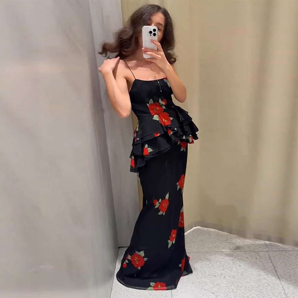 Floral Tiered Ruffle Tank Top & Maxi Skirt - M, Black image