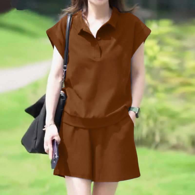 Two-Piece Shirt and Skirt Set - S, Brown image