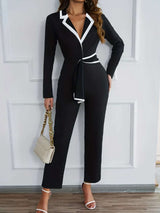 Elegant Colorblock Lapel Bandage Jumpsuits image 2
