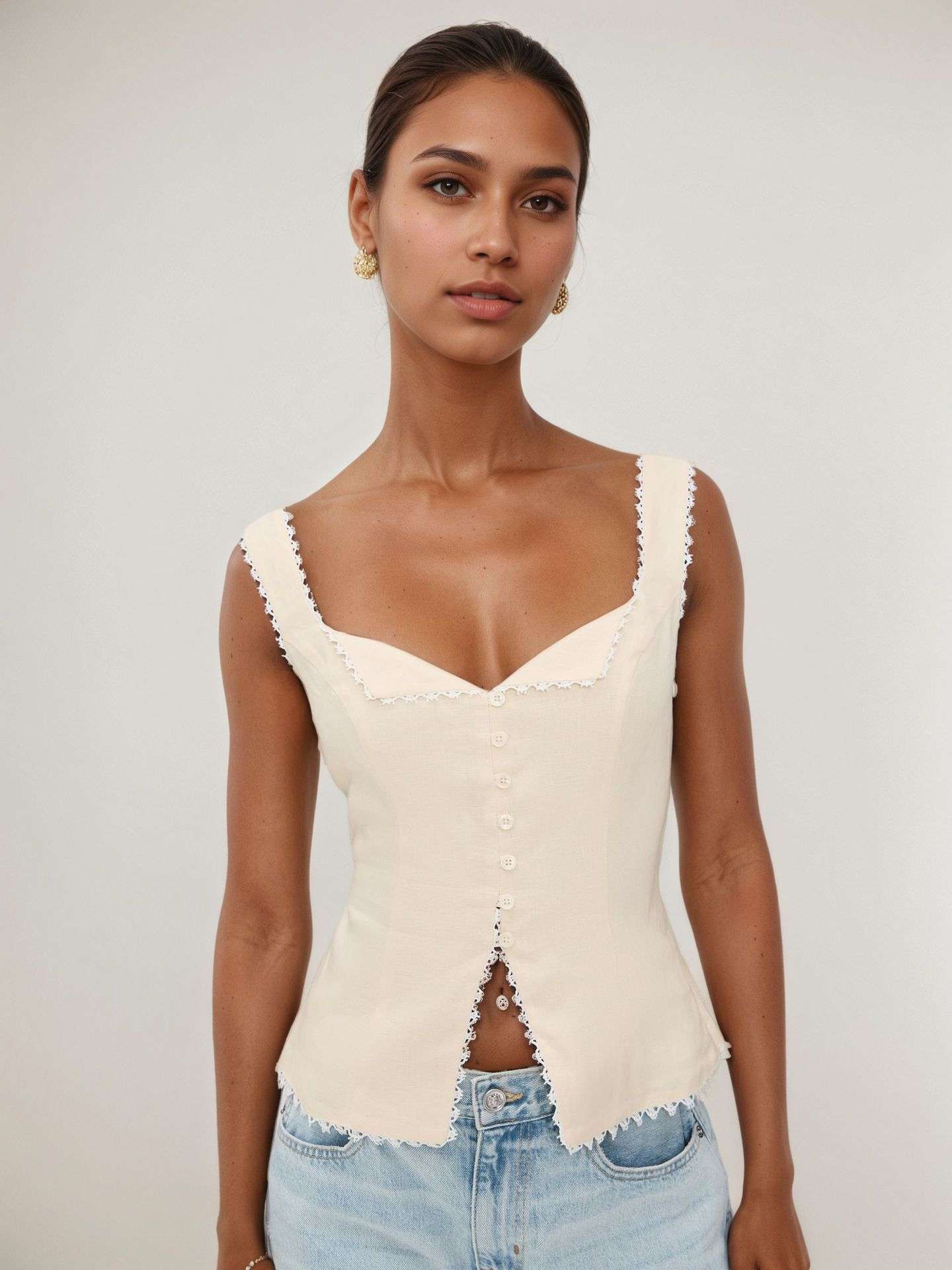 Crochet-Trim Button-Front Top - XL, Beige image