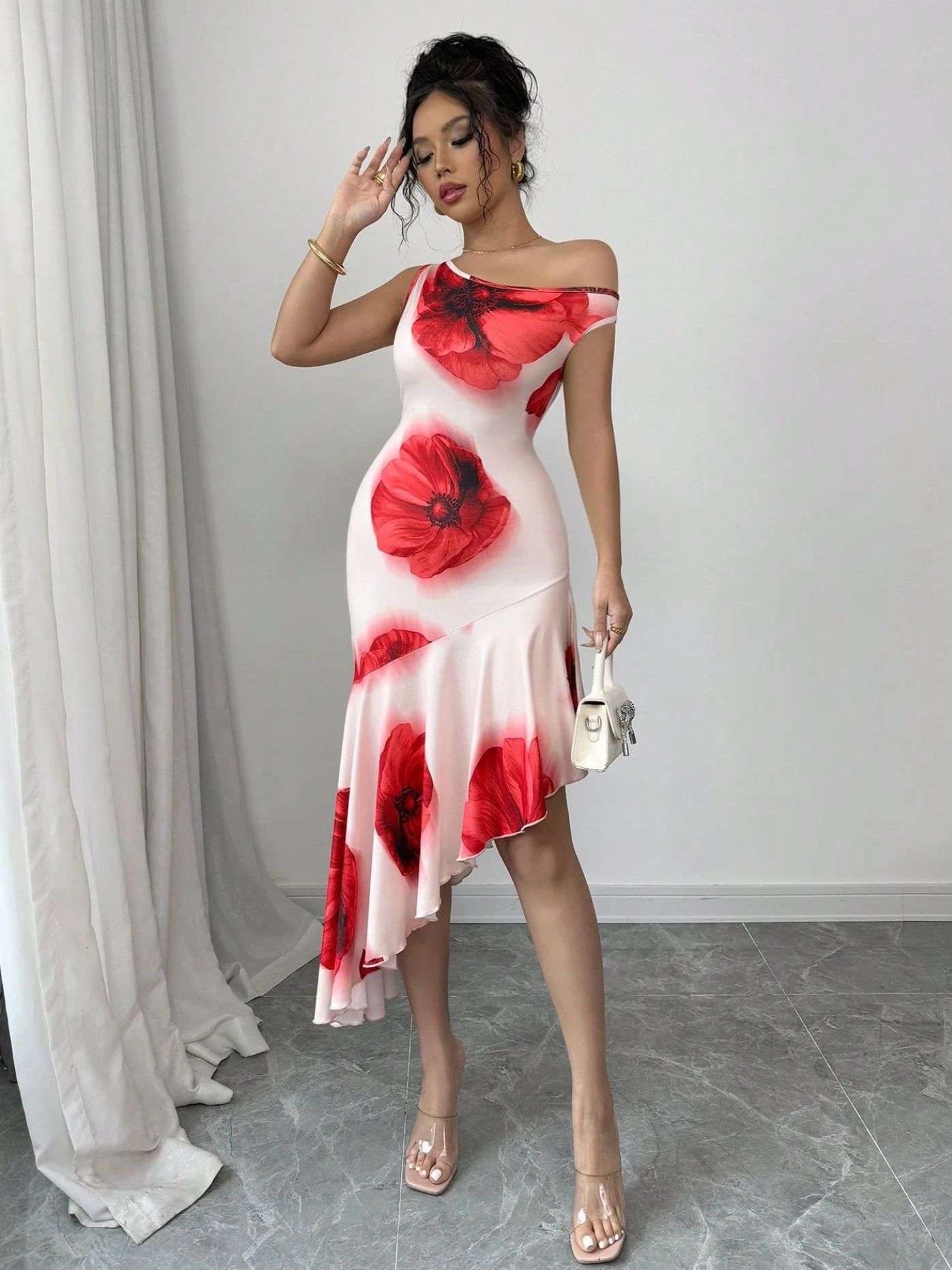 Asymmetric Off-Shoulder Floral Midi Dress image 3