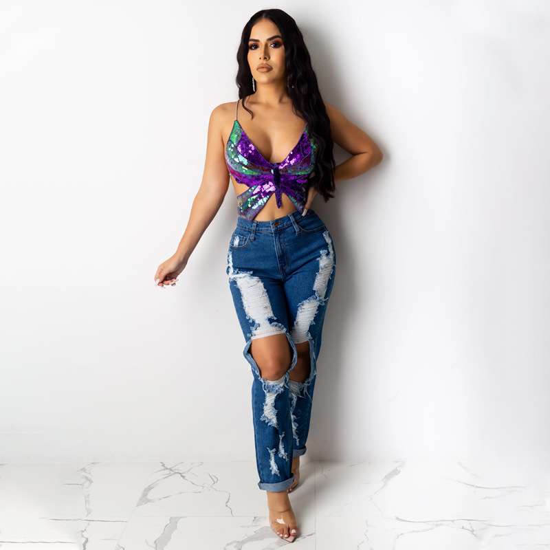 Butterfly Mesh Crop Top - S, Purple image